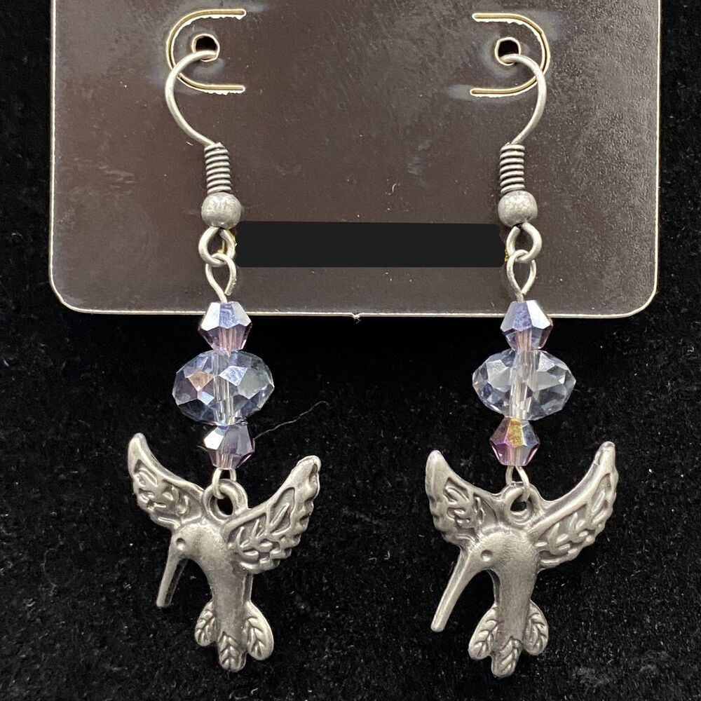 Handmade Hummingbird & Iridescent AB Purple Blue Crystal Earrings by Neanie-Bot